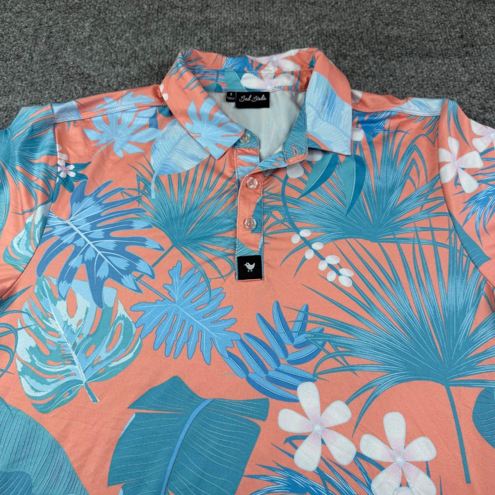 Bad Birdie Golf Polo Mens Small Coral Blue Tropical Palm Floral Performance Top
